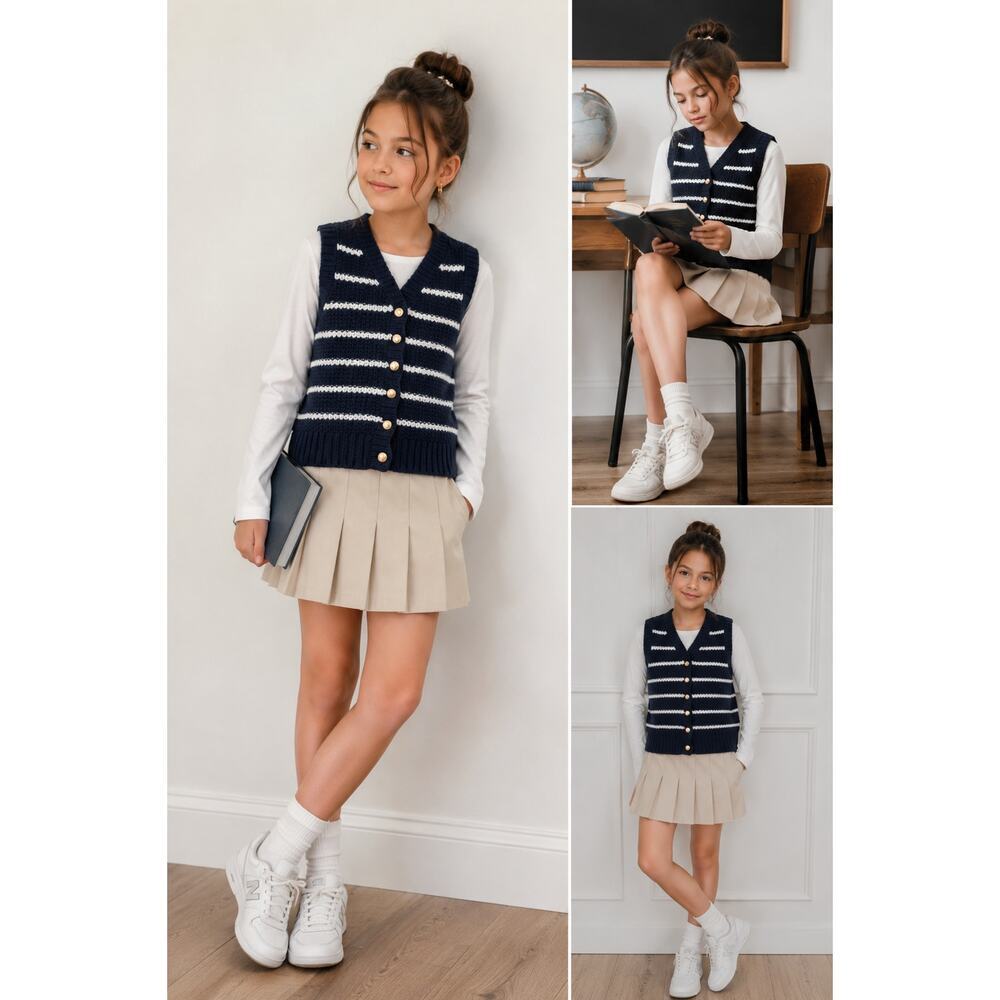 Abercrombie Kids Striped Sweater Vest Navy White Button Front Preppy 9/10